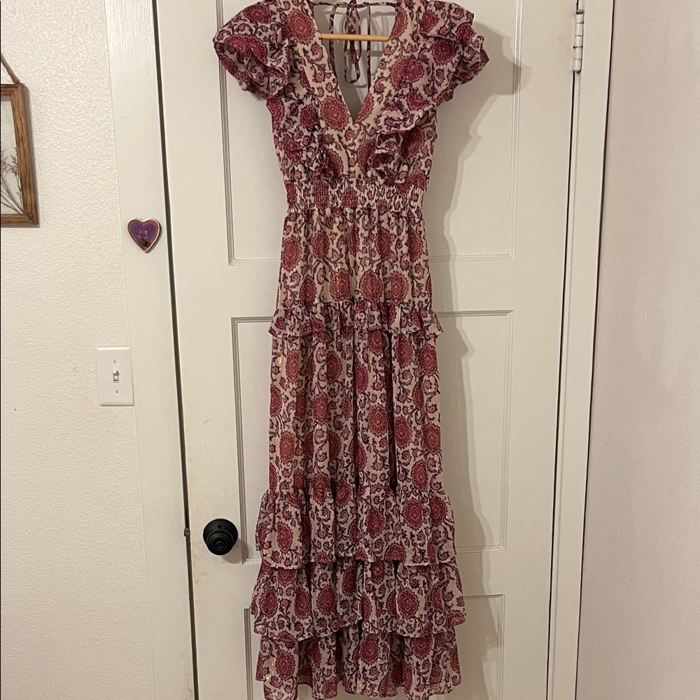 Floral Ruffle Maxi Dress - Red and Cream